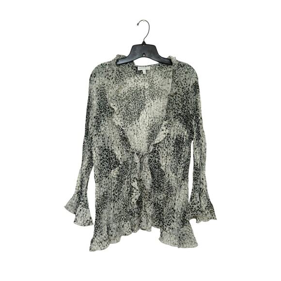 VNTG Y2K Sheer Leopard Print Cardigan Tie Front Ruffles Black/Silver/Grey Sz 2X - Picture 1 of 8